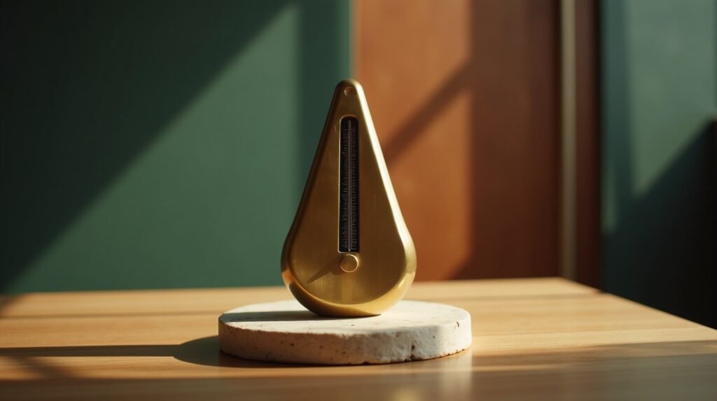 A brass metronome mid swing on cream stone, warm directional light