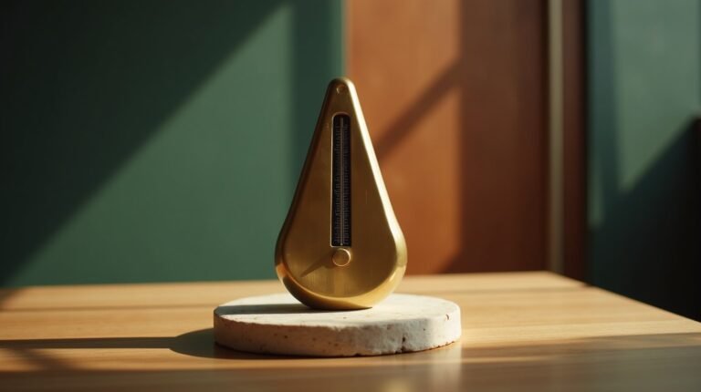 A brass metronome mid swing on cream stone, warm directional light