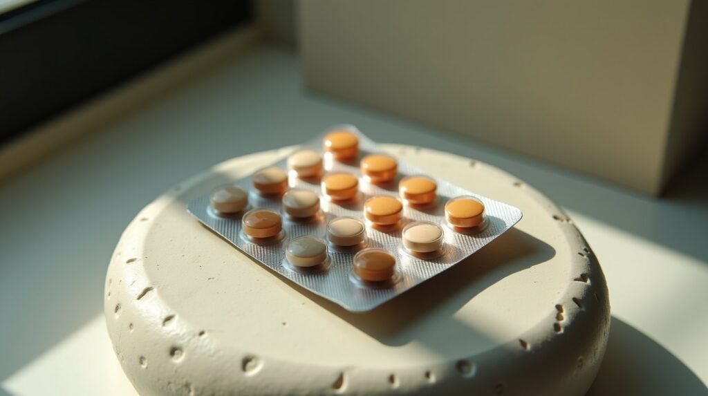 A blister pack of tablets resting on clean cream stone in soft natural light
