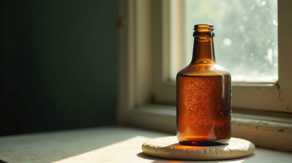 An amber glass bottle with condensation on cream stone in natural window light