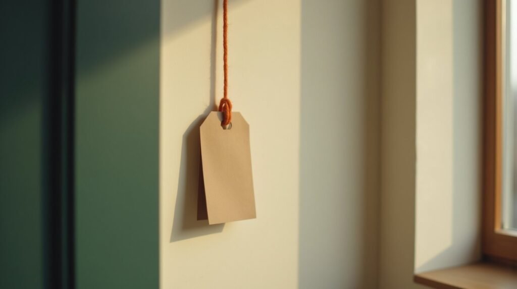 A small kraft paper tag hanging from a burnt orange string against a cream wall