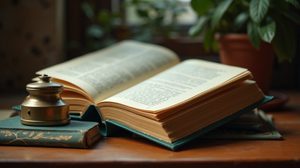 A heavy hardbound book lying open, a solid brass paperweight holding the page, deep green cloth binding