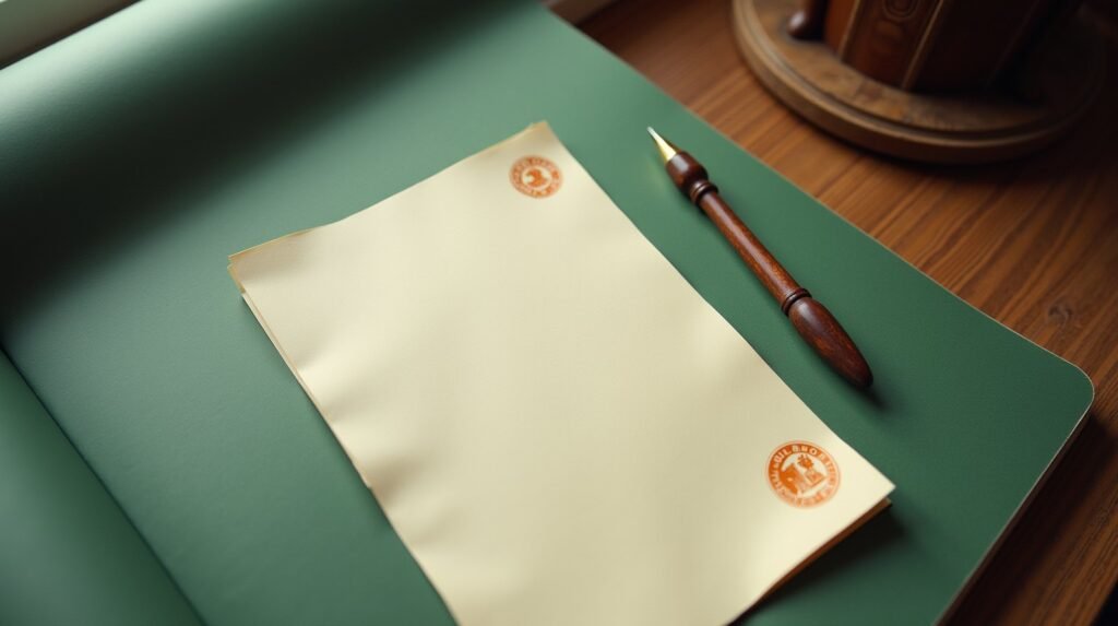 A sheet of printed cream paper with a burnt orange embossed stamp mark in the corner