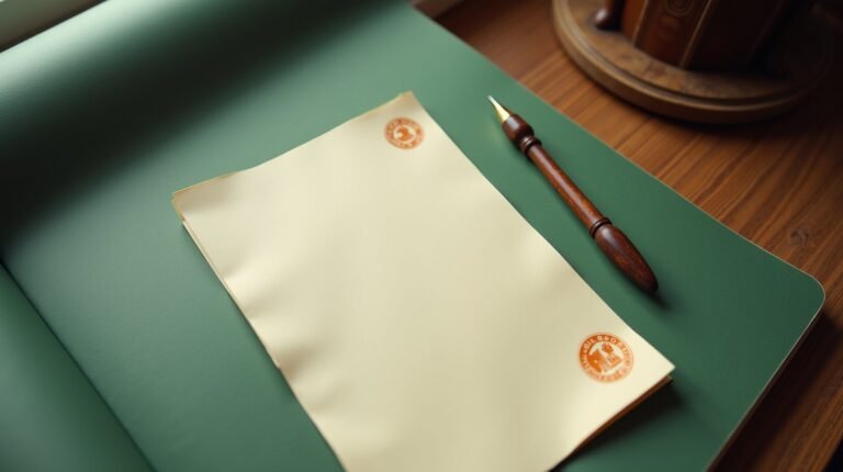 A sheet of printed cream paper with a burnt orange embossed stamp mark in the corner