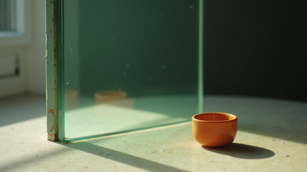 A thick pane of glass laid protectively over a small burnt orange ceramic object on cream concrete