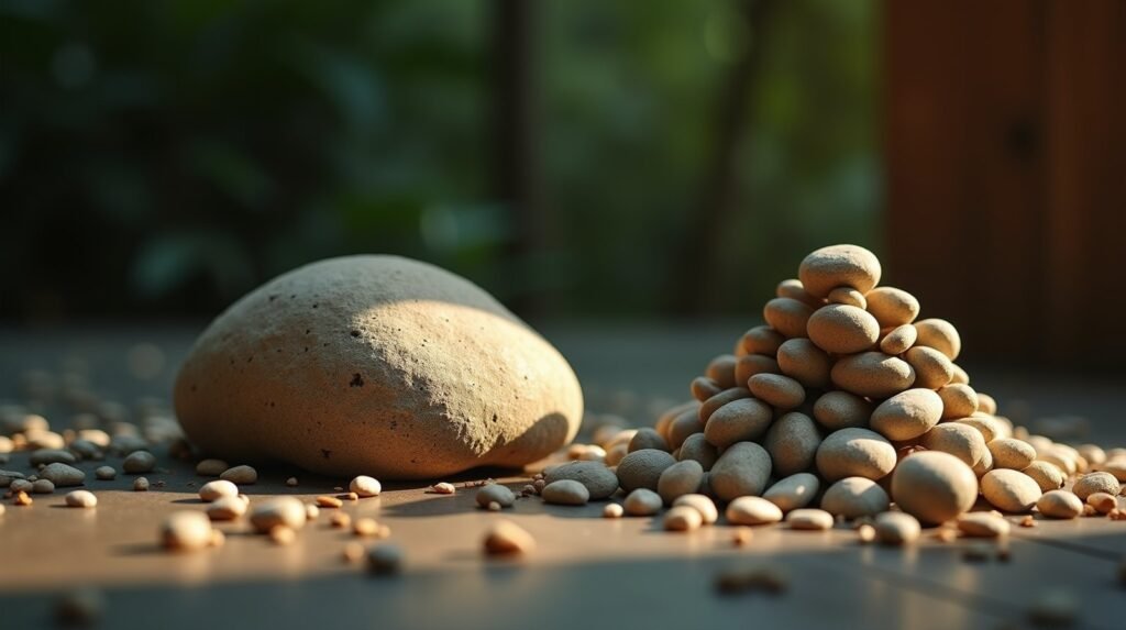 A mound of many small pebbles beside one single larger stone, the mound taller, burnt orange light raking across
