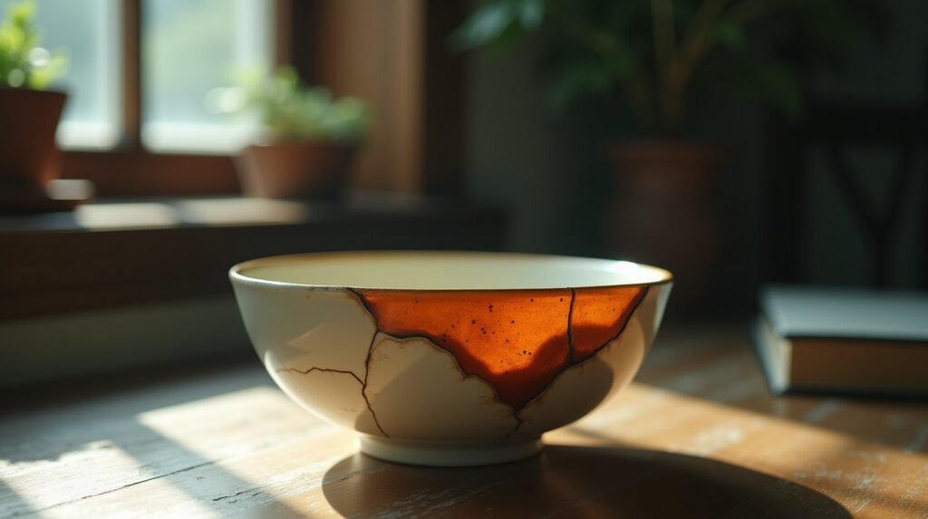 A cracked cream ceramic bowl repaired with visible burnt orange lacquer seams, kintsugi style