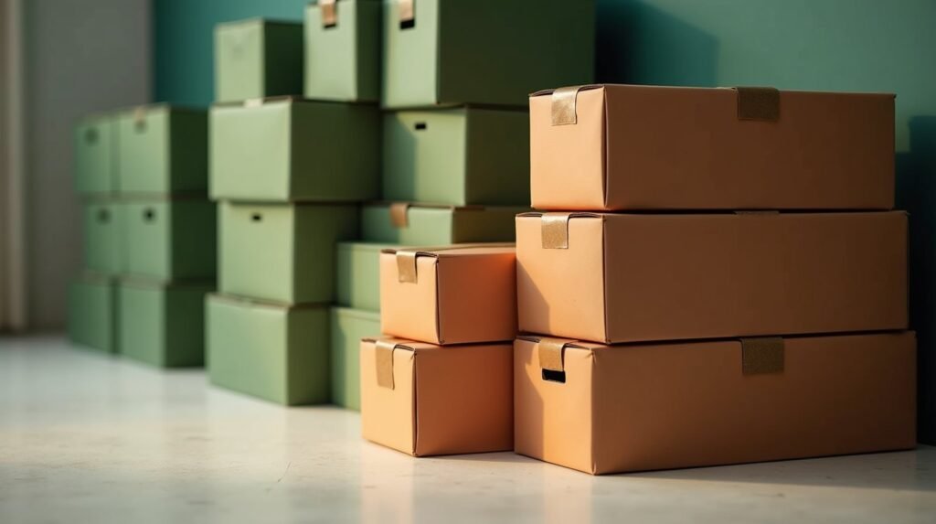 Cardboard boxes stacked in a repeating column on cream concrete, every third box wrapped in burnt orange paper