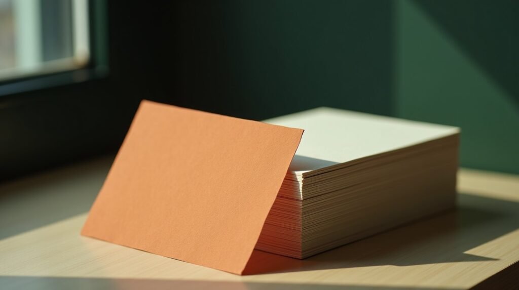 A stack of blank cream business cards on a table, one card pulled out and printed burnt orange