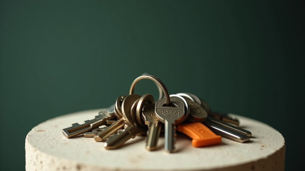 A ring of many different keys on cream stone, one key anodised burnt orange
