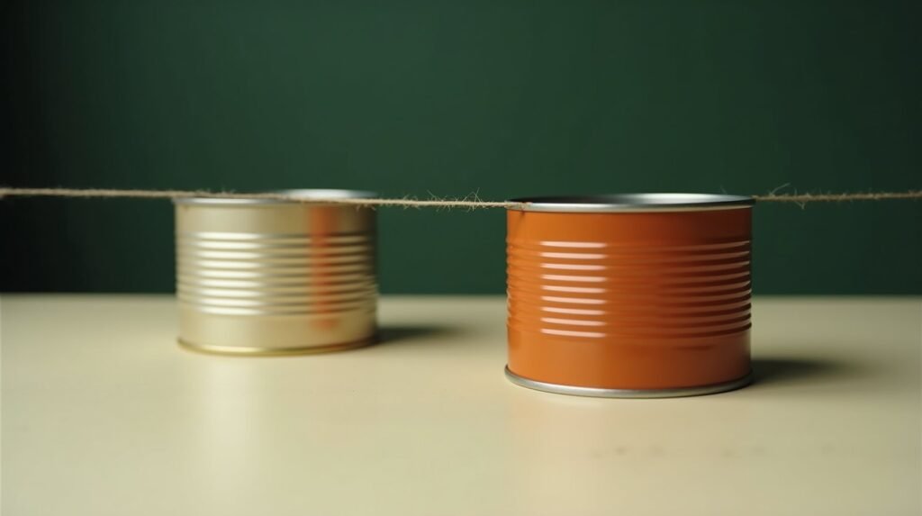 Two tin cans connected by a taut string across a cream table, one can painted burnt orange