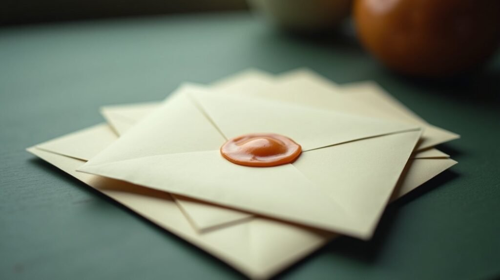 Three cream envelopes fanned on a table, the middle one marked with a burnt orange wax dot