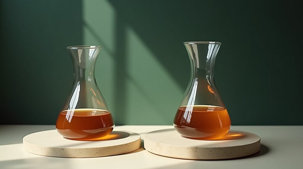 Two glass vessels on cream concrete, one nearly empty and one filled to the brim with burnt orange liquid