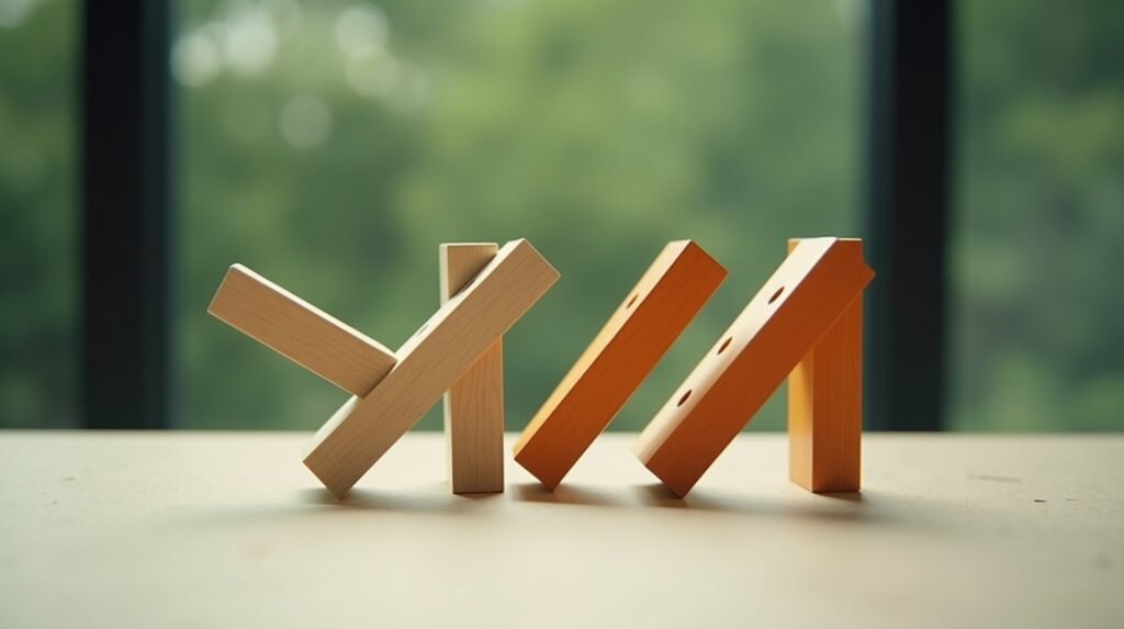 Five wooden dominoes standing in a line on cream concrete, the first one burnt orange and tipping