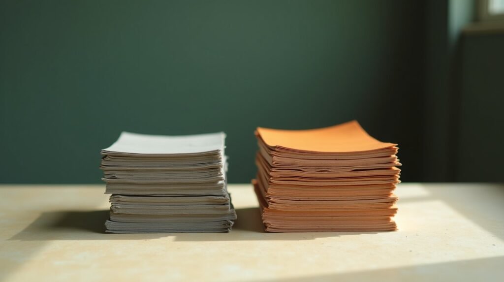 Two stacks of paper side by side on cream concrete, one tall and grey, one very short with a burnt orange cover sheet