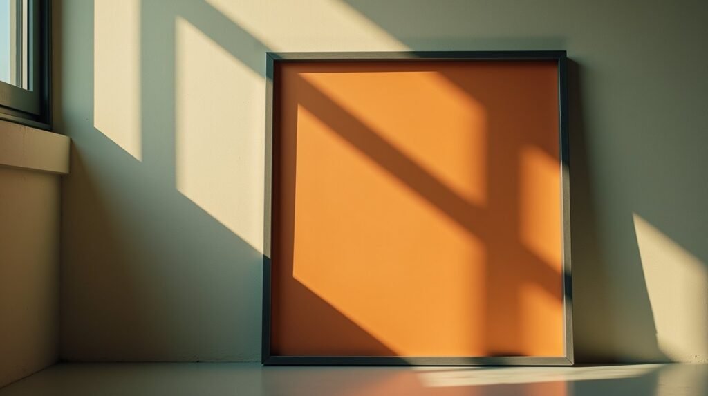 An empty metal picture frame leaning against a cream wall, burnt orange light inside the opening