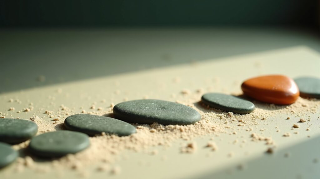 A path of flat stones across cream sand, one stone lacquered burnt orange sitting slightly off the line