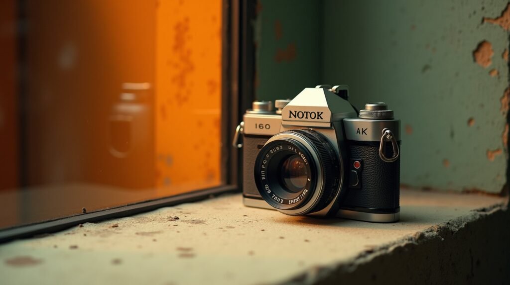 A vintage analogue film camera on cream concrete, burnt orange light falling across the lens