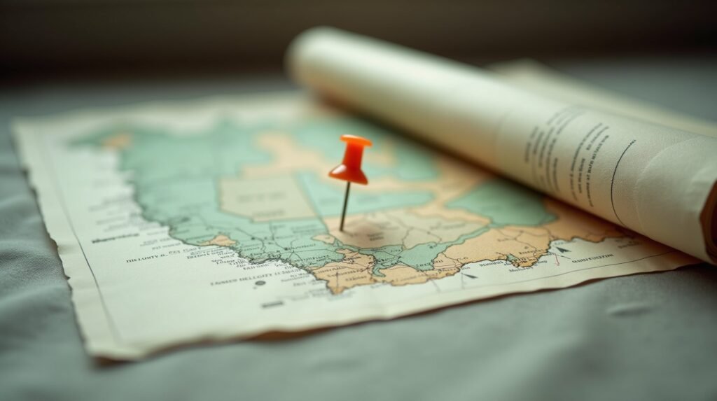 A folded paper map on cream linen with a single burnt orange pin pushed into it