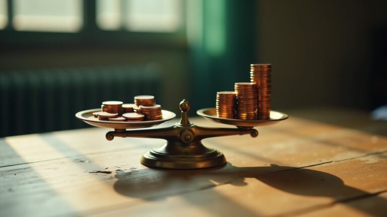 Balança de latão antiga com moedas de cobre em pilha equilibrada de um lado e moedas espalhadas do outro, luz natural de janela