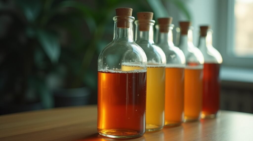 Several identical clear glass bottles in a row, the front one filled with burnt orange liquid
