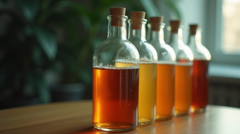 Several identical clear glass bottles in a row, the front one filled with burnt orange liquid