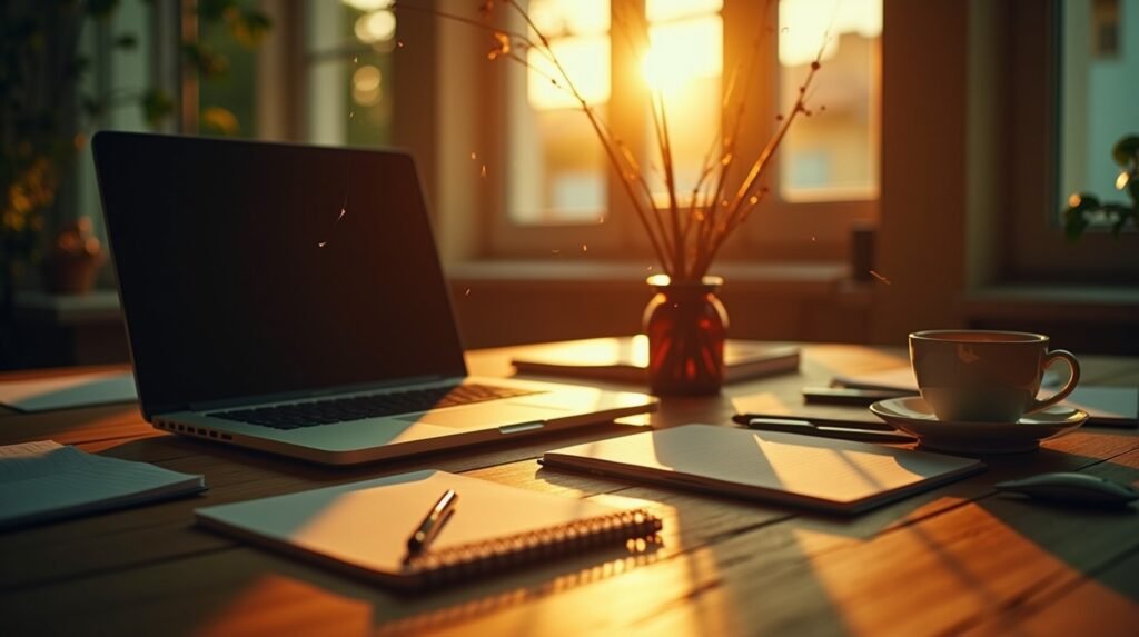 Mesa de escritório iluminada por luz natural com laptop e caderno, em tons terrosos e verdes, simbolizando a integração contínua entre marketing, vendas e atendimento