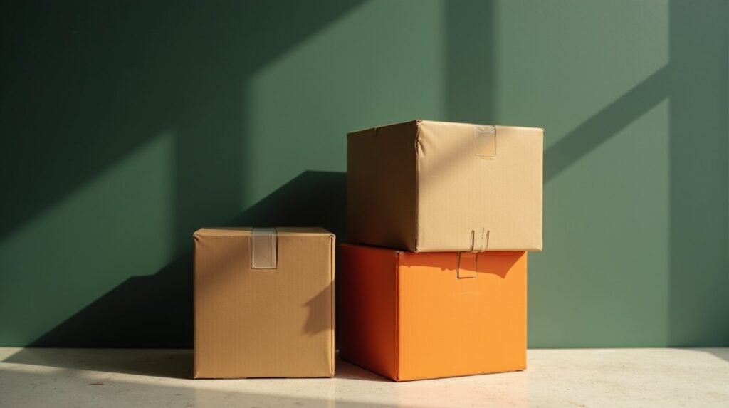 Two cardboard boxes of different sizes overlapping on cream concrete, the seam between them lit burnt orange
