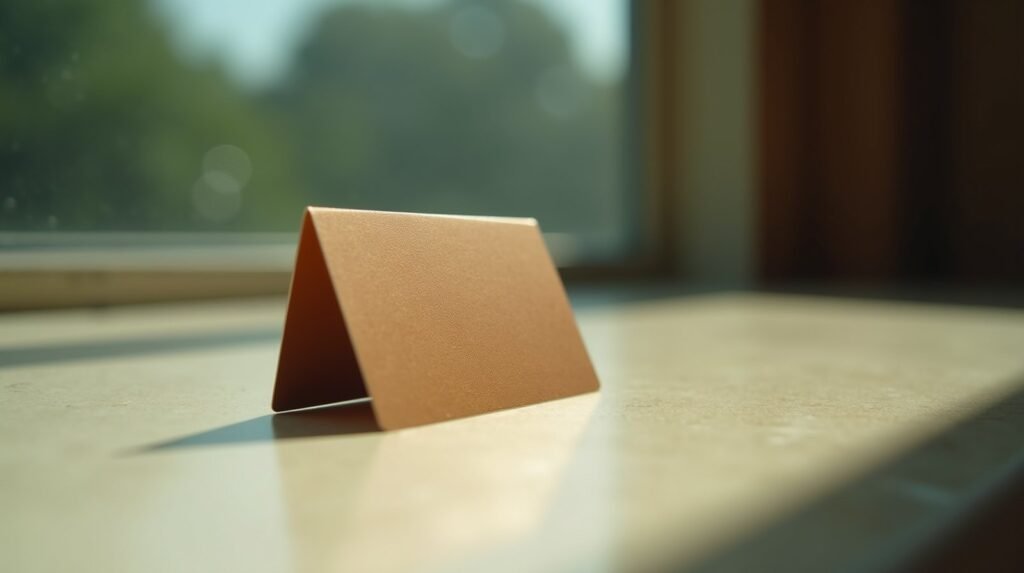 A plain metal card resting at an angle on cream concrete, catching a burnt orange reflection