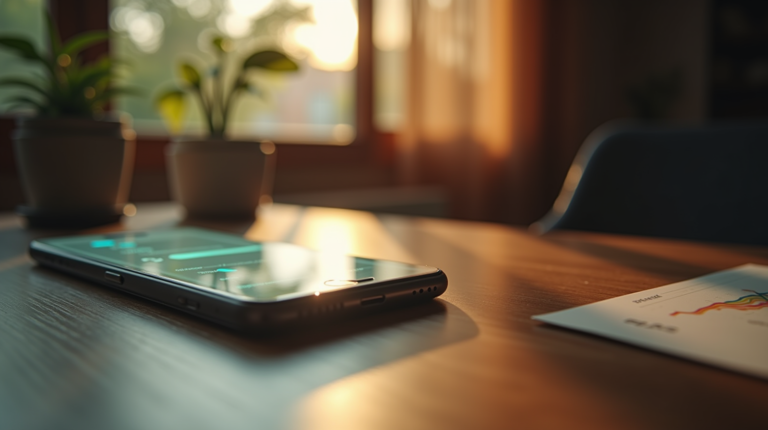 Smartphone em mesa de madeira com tela de conversa iluminada, luz natural, paleta terrosa e esverdeada, representando atendimento organizado via WhatsApp