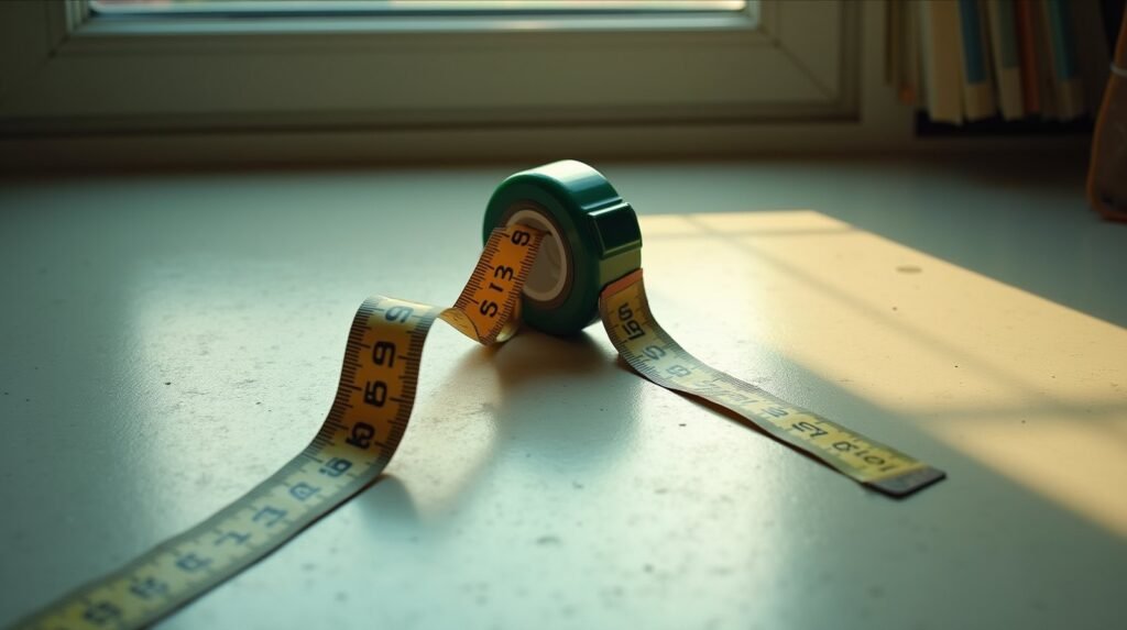A metal tape measure unrolled in one long continuous curve across cream concrete