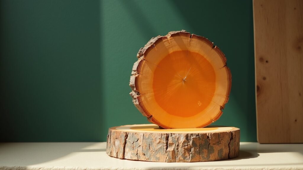 A solid wood block sawn into slices, one slice far larger than the rest and lacquered burnt orange, standing apart on cream concrete