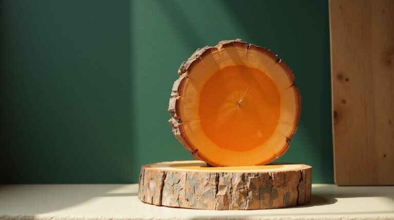 A solid wood block sawn into slices, one slice far larger than the rest and lacquered burnt orange, standing apart on cream concrete