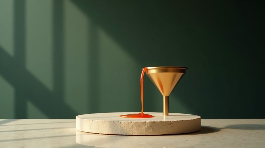 A large brass funnel on cream stone with only a thin trickle of burnt orange liquid leaving the spout