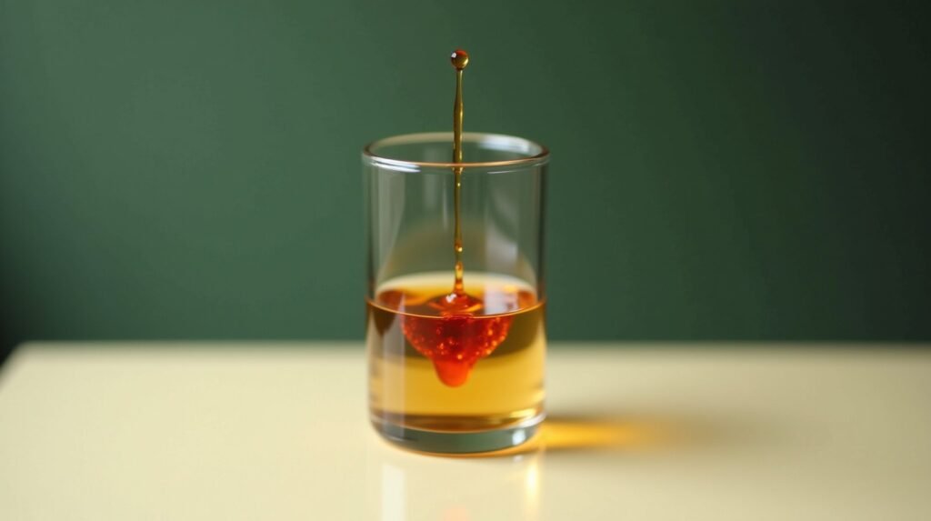 A drop of burnt orange ink dispersing through clear water in a glass vessel on cream surface
