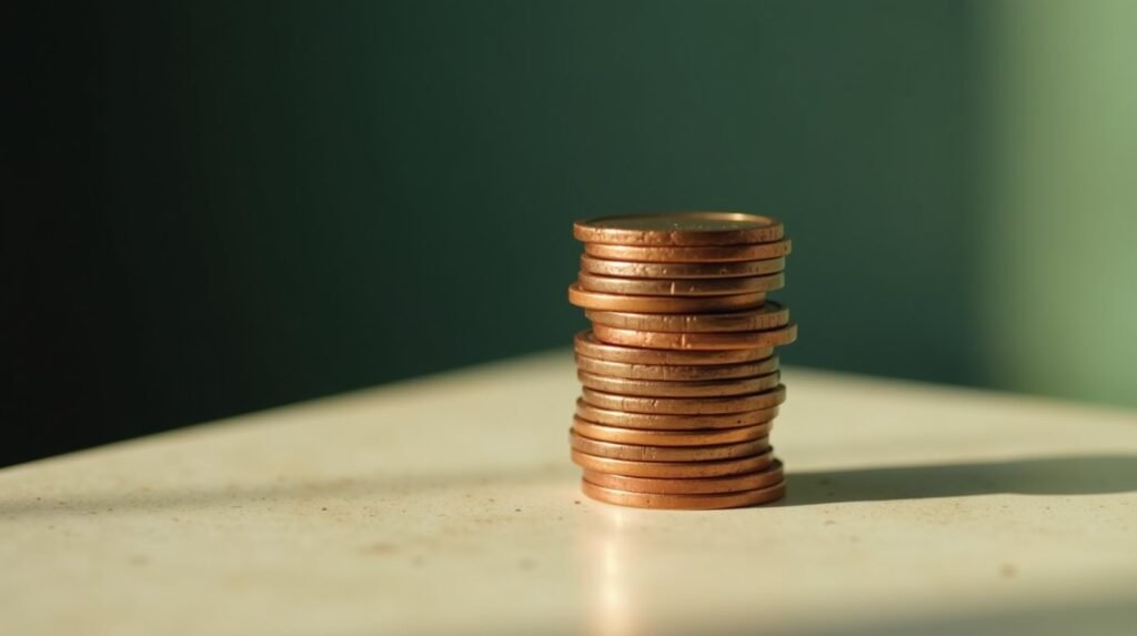 A column of stacked coins on cream concrete, the top coins tinted burnt orange by warm light
