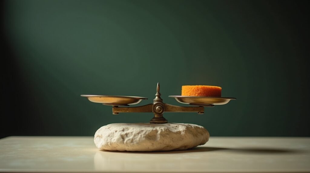 An old brass balance scale on cream stone, one pan holding a small burnt orange weight