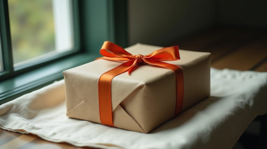 A gift wrapped in kraft paper tied with a burnt orange ribbon, resting on cream linen