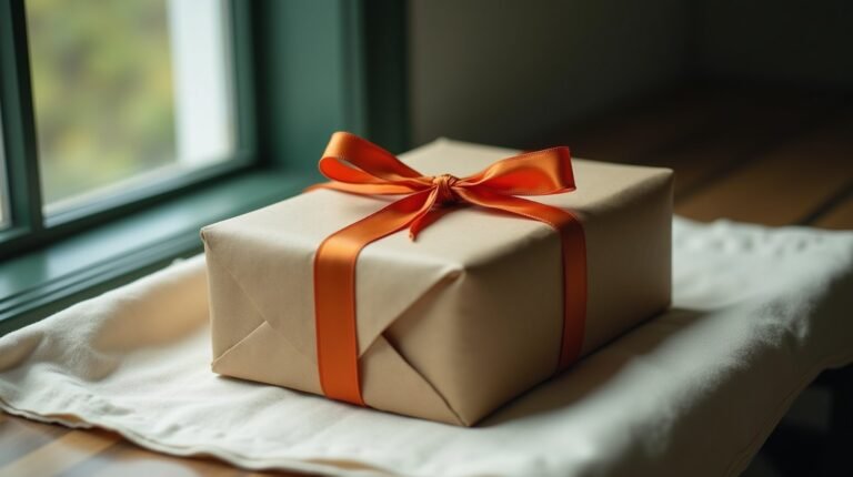 A gift wrapped in kraft paper tied with a burnt orange ribbon, resting on cream linen