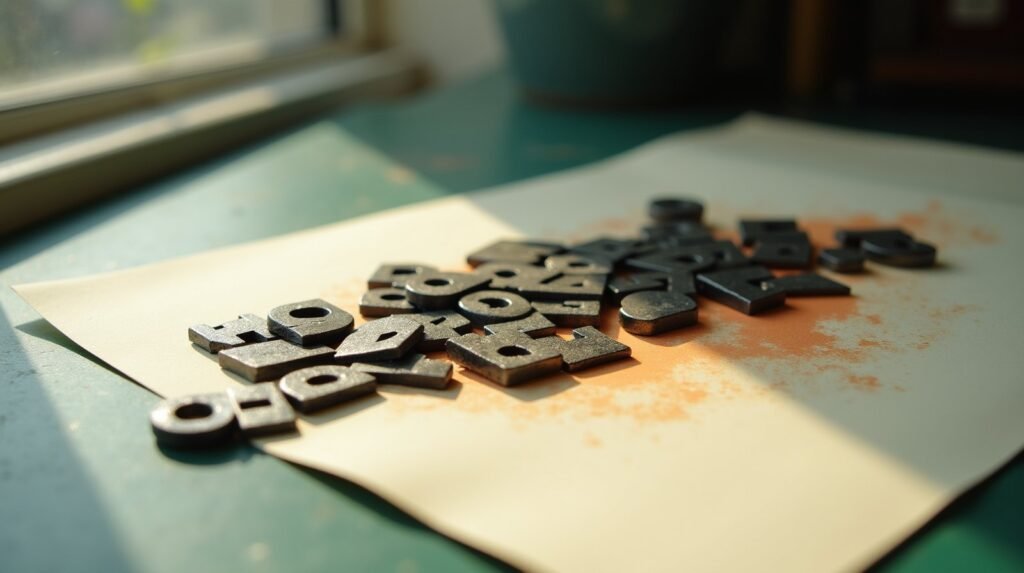 Loose metal letterpress type scattered on cream paper, a few pieces cast in burnt orange