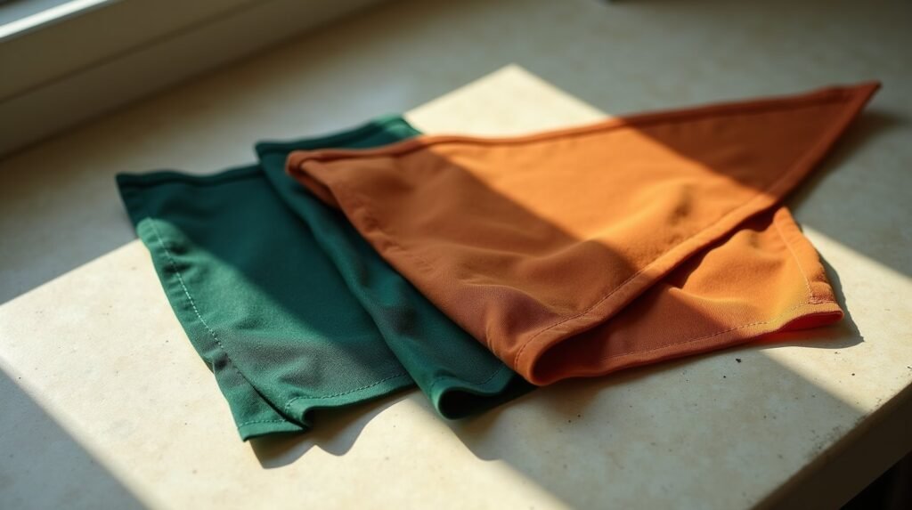 A folded fabric pennant in deep green and burnt orange lying on cream concrete