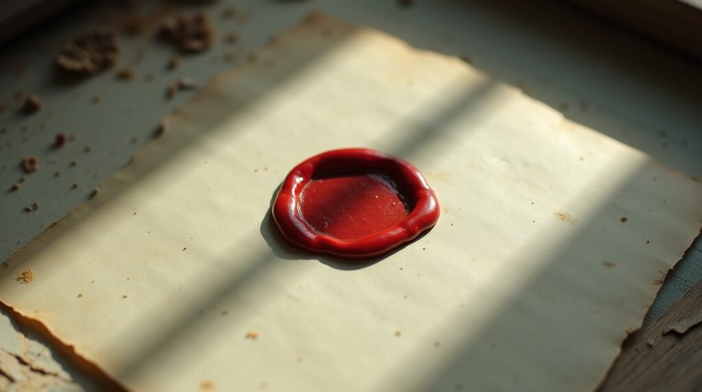 A red wax seal stamped onto cream paper that is visibly cracked and split underneath