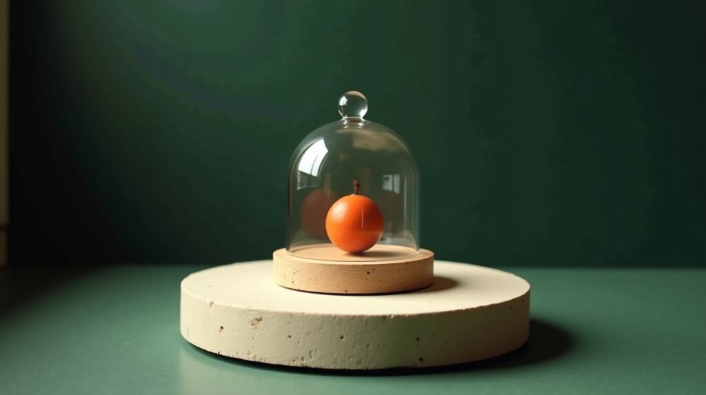 A small glass display cloche on cream stone with a single burnt orange object inside