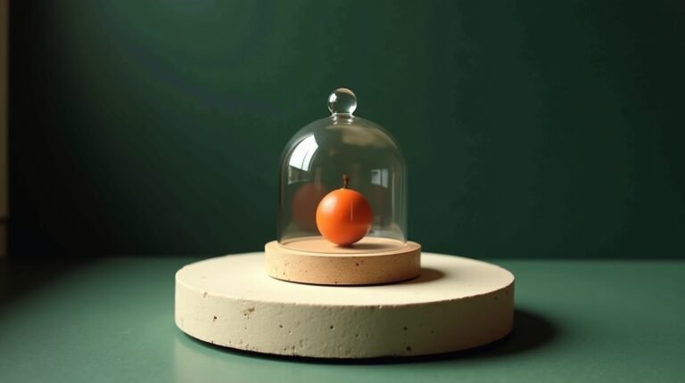 A small glass display cloche on cream stone with a single burnt orange object inside