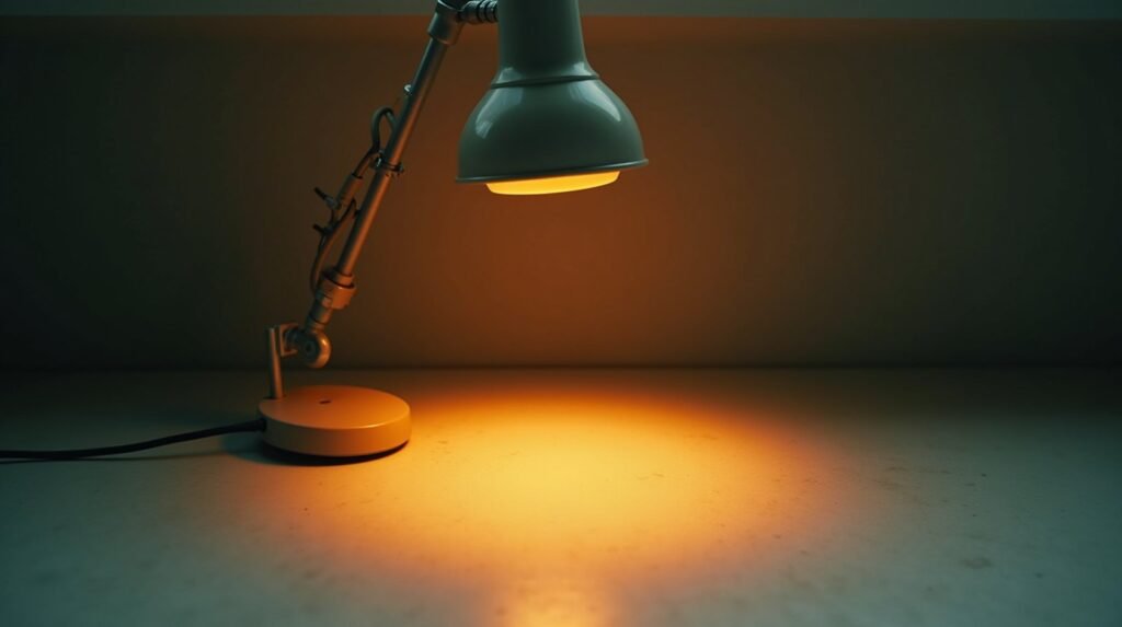 A small desk lamp casting a bright burnt orange pool of light onto an empty area of cream concrete, the object it should light sitting in shadow nearby