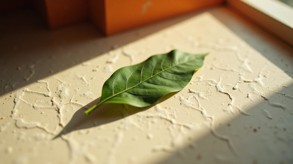 A single fresh green leaf resting on rough cream concrete, casting a long burnt orange tinted shadow
