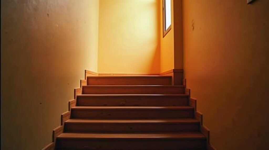 A short flight of wooden steps rising steeply, cream walls, burnt orange light at the top step