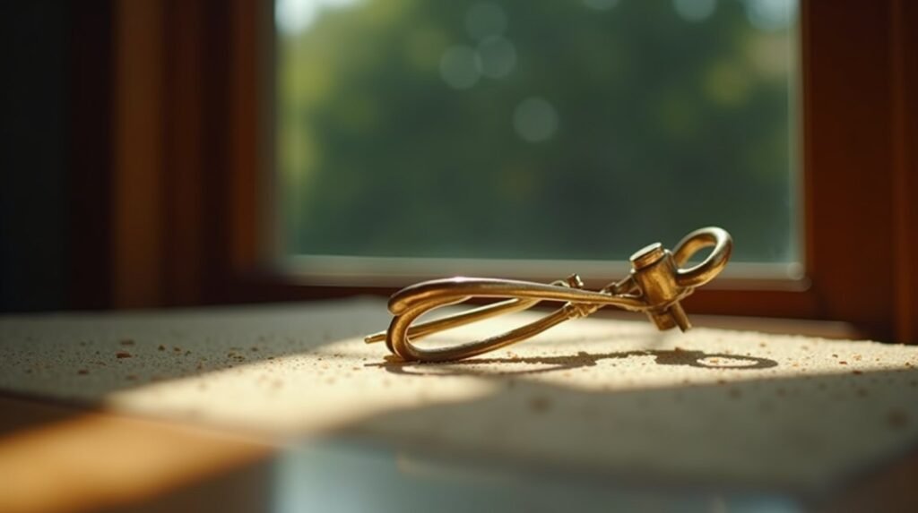 A brass tuning fork resting on cream stone, warm side light
