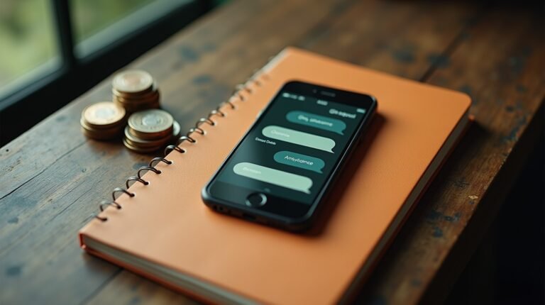 Smartphone sobre mesa de madeira ao lado de pilhas de moedas, representando a cobrança por resposta no WhatsApp Business a partir de outubro