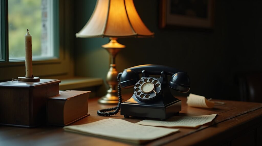 Telefone antigo com o fone fora do gancho sobre mesa de madeira à noite, ao lado de um bilhete de pedido e uma vela quase apagada
